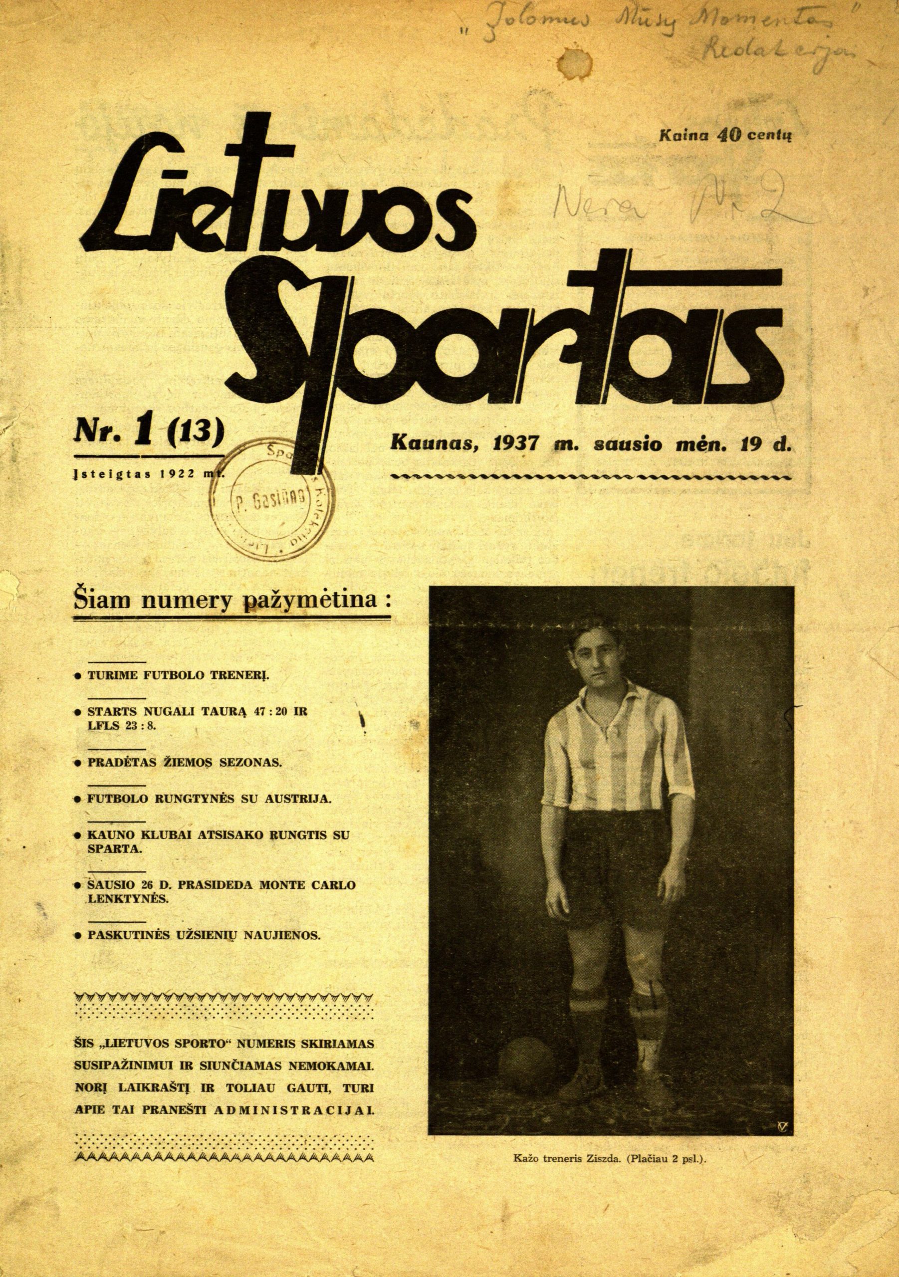 Laikraštis „Lietuvos sportas“ pirmojo numerio puslapis