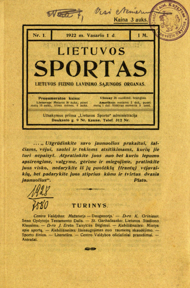Laikraščio „Lietuvos sportas“ pirmojo numerio puslapis 1922 02 01 (Lietuvos nacionalinė Martyno Mažvydo biblioteka)